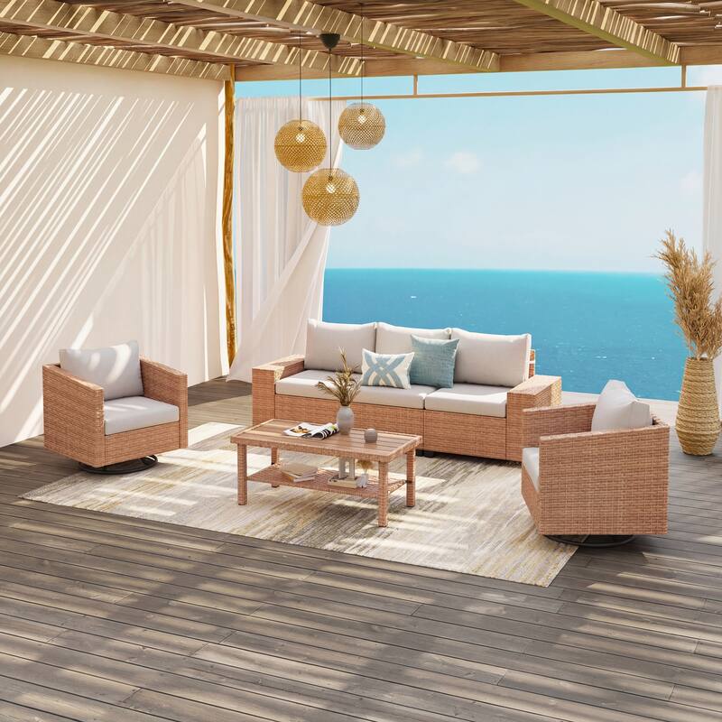 4-Piece Outdoor Conversation Set with Swivel Chair and 3-Seater Sofa with Soft Cushion and Coffee Tables PE Wicker Rattan