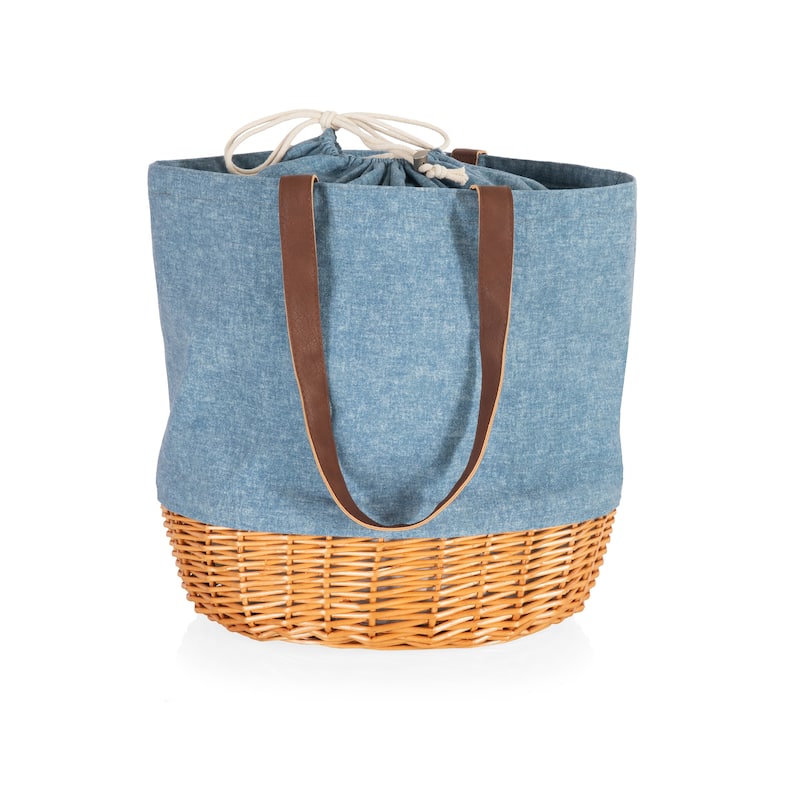 Picnic Time Coronado Canvas and Willow Basket Tote, (Chambray with Beige Accents)