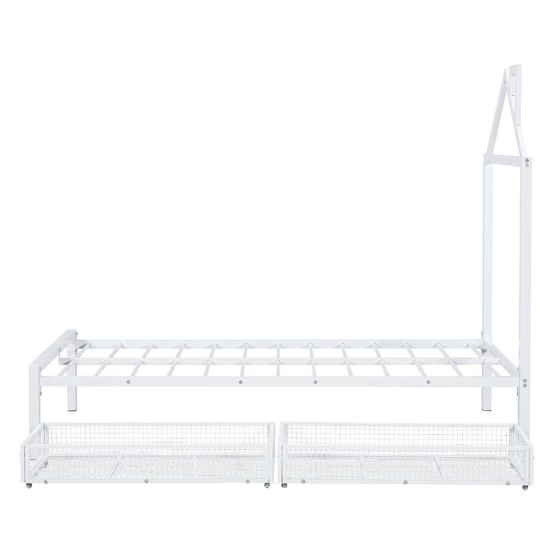 White Twin Size Metal Platform Bed with Two Drawers & House Headboard