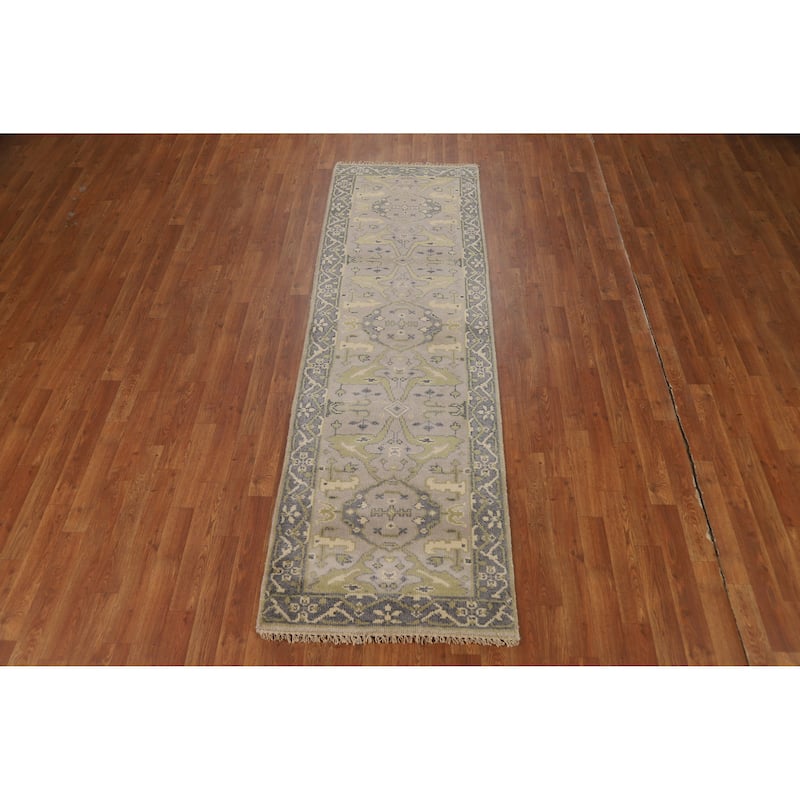 All-Over Gray Oushak Oriental Runner Rug Hand-Knotted Wool Carpet - 2'6"x 8'1"