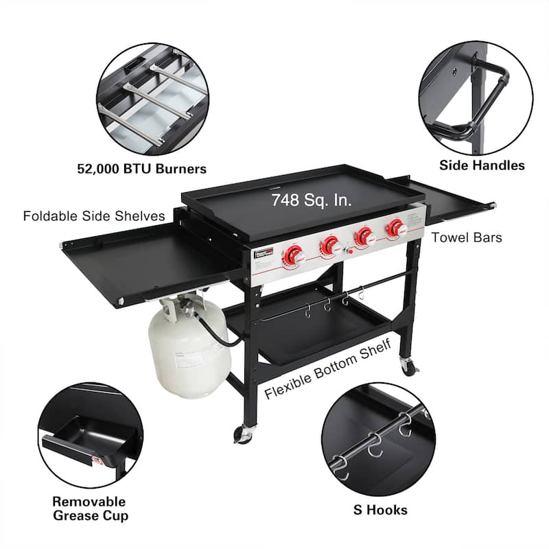Royal Gourmet GB4000F 36-Inch Flat Top Gas Griddle, 4-Burner Propane BBQ Grill Griddle with Top Cover Lid,Black