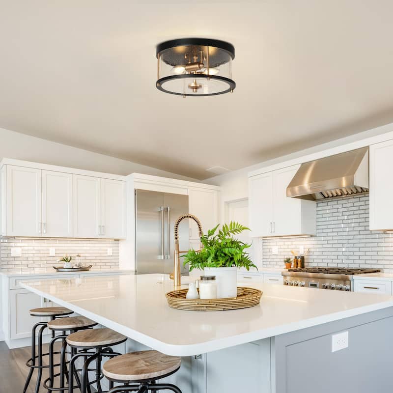 Modern Farmhouse 2-Light Drum Glass Flush Mount Chandelier Black Gold Ceiling Light - D 11" x H 6"