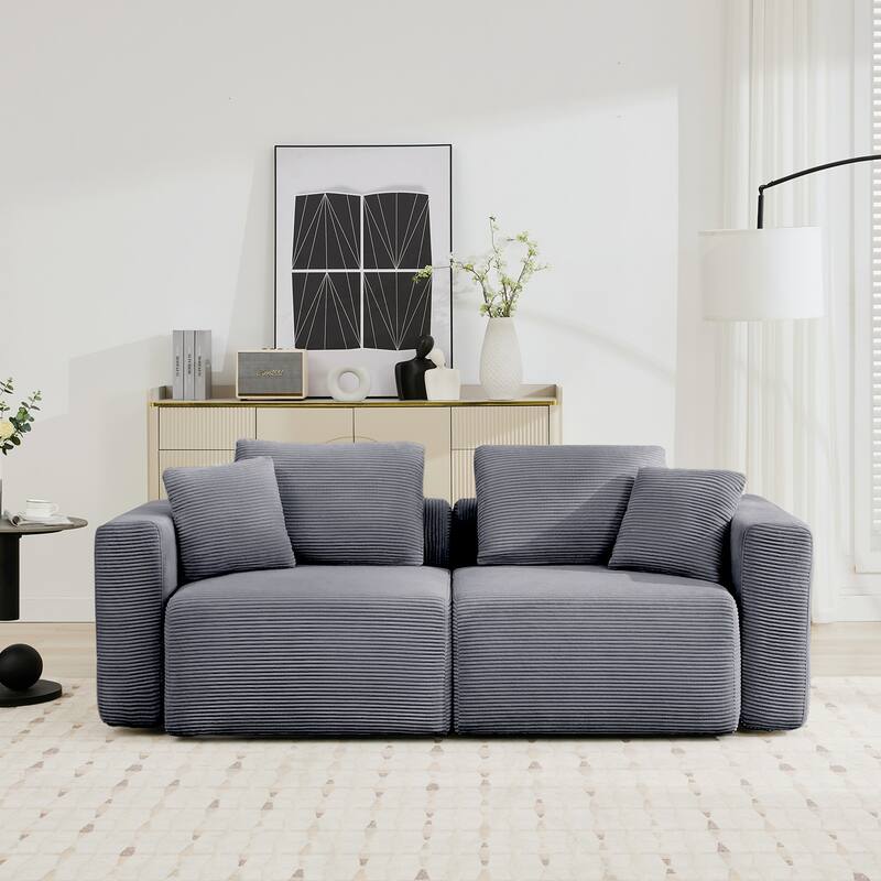 Corduroy Sectional Modular Sofa with Square Arms & Ottoman Extension for Flexible Arrangements
