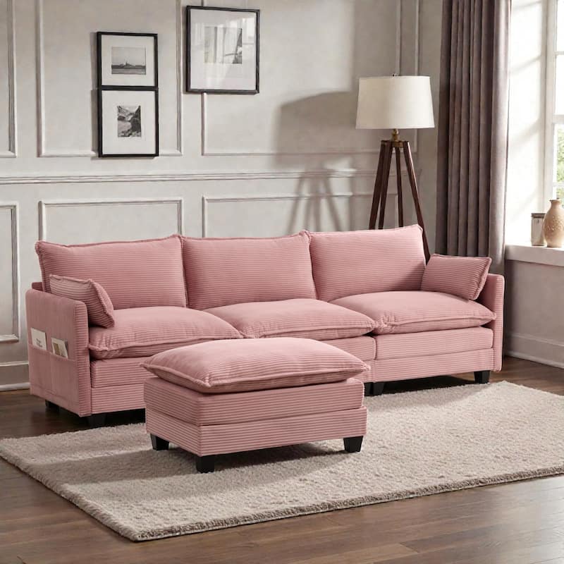 Oversized Modular Sectional Sofa with Ottoman, 102 Inch 4 Seat Corduroy L Shaped Couch for Living Room