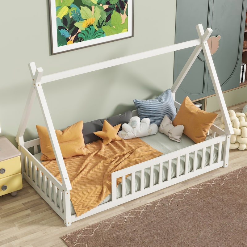Twin Tent-Shaped Floor Bed with Guardrails, Slats, White
