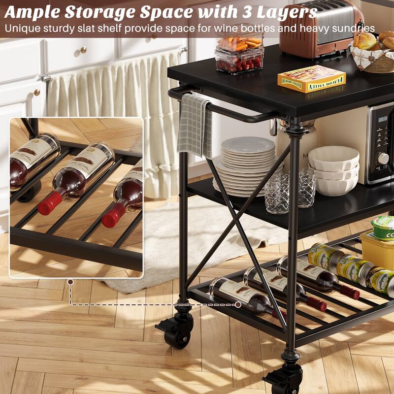 Rolling Kitchen Island Cart with Thick Wooden Top and Storage Shelves - N/A