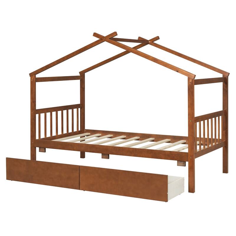 Twin Size Wooden House Bed with Drawers, Walnut Finish