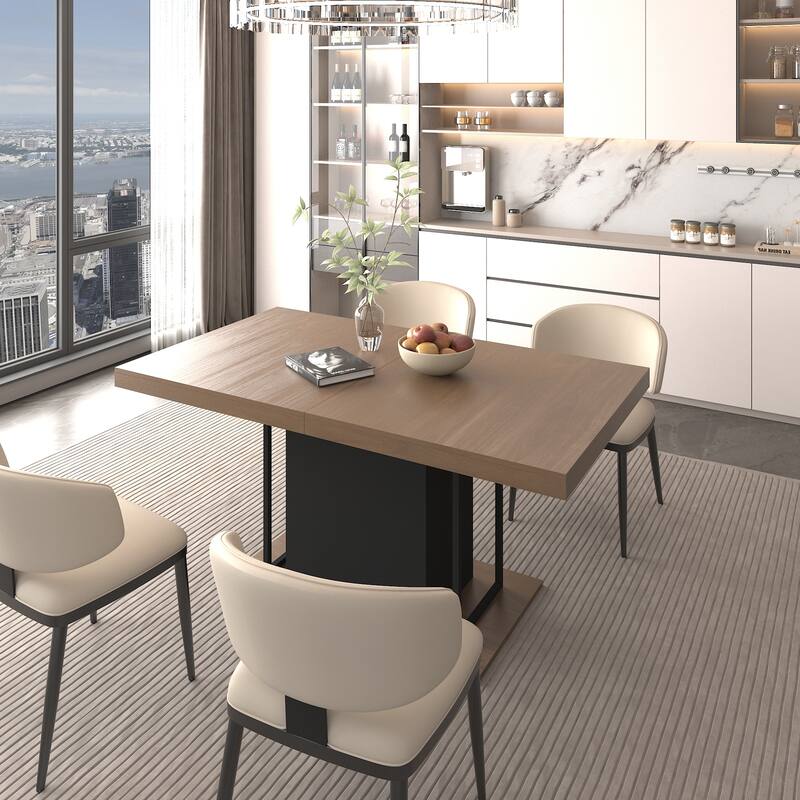 Extendable Dining Table, Wood Kitchen Table for 6-10 People, Large Home Office Table with Thick Top & Wide Feet