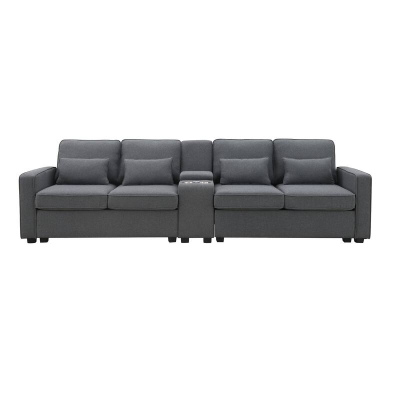 114.2" Linen Fabric Upholstered Sofa with 2 USB Ports and 2 Cupholders - DARK GREY