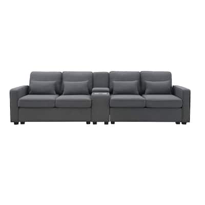 Dark Grey Linen Fabric Upholstered Sofa with USB Ports and Cupholders