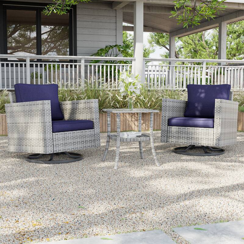 LIVOOSUN 3-Piece Patio Sofa Set Outdoor Rattan Swivel Rocking Chair Glass Table - Gray/NavyBlue