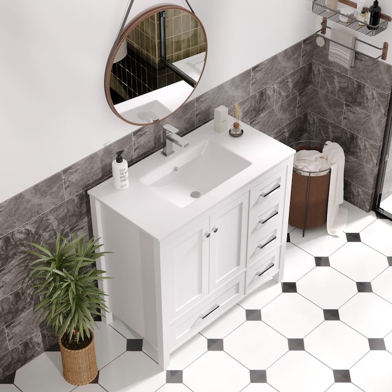 EROMMY All-in-One Bathroom Vanity with Ceramic Sink, Soft-Close Storage Cabinet & Drawer, Glossy Countertop, White