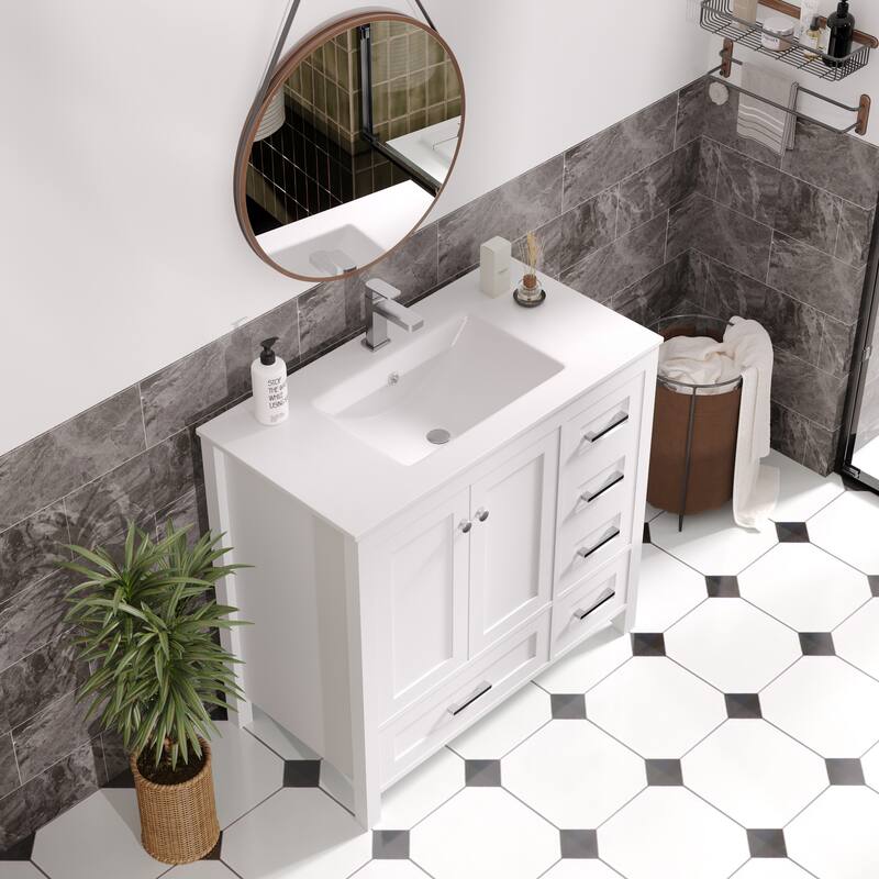 Modern Bathroom Vanity with Ceramic Sink, Soft-Close Storage Cabinet and Glossy Easy-Clean Countertop