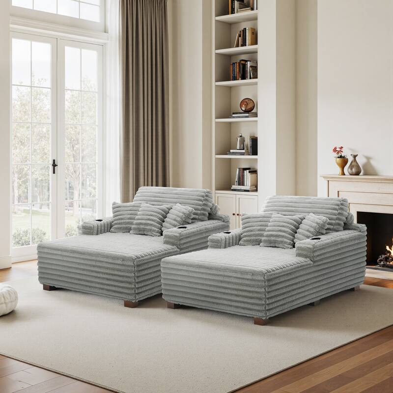 53"W Oversized Plush Fur-Like Chaise Lounge Sofa with Cup Holder