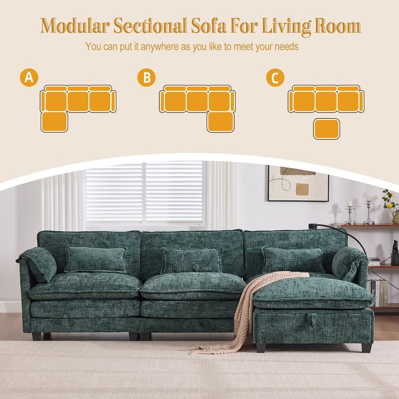 HOMEFUN Chenille Upholstered L-shaped Phone Holder Modular Sectional Sleeper Sofa with Movable Storage Ottoman