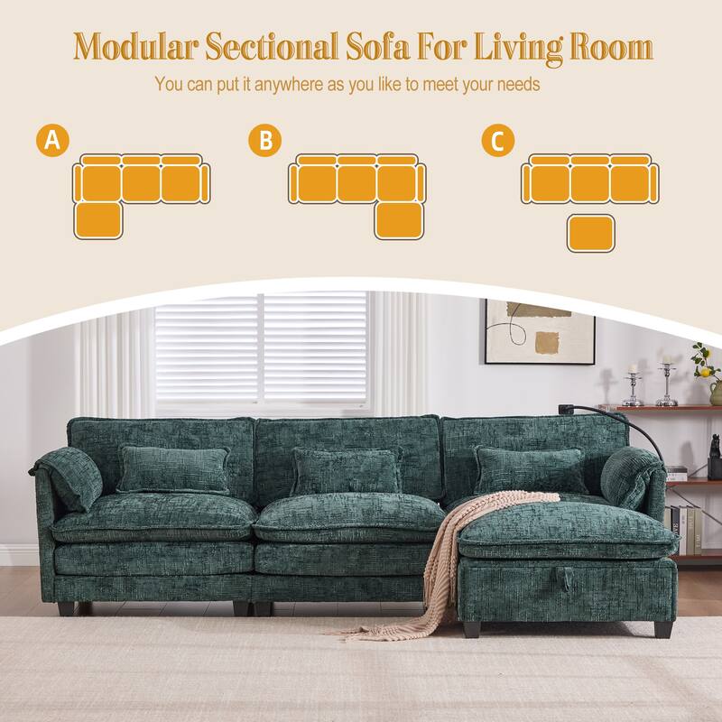 Modern Chenille Chaise Couch L-shaped Sectional Sofa with Storage Ottoman, Phone Holder, USB/Type-C Ports and Side Pockets
