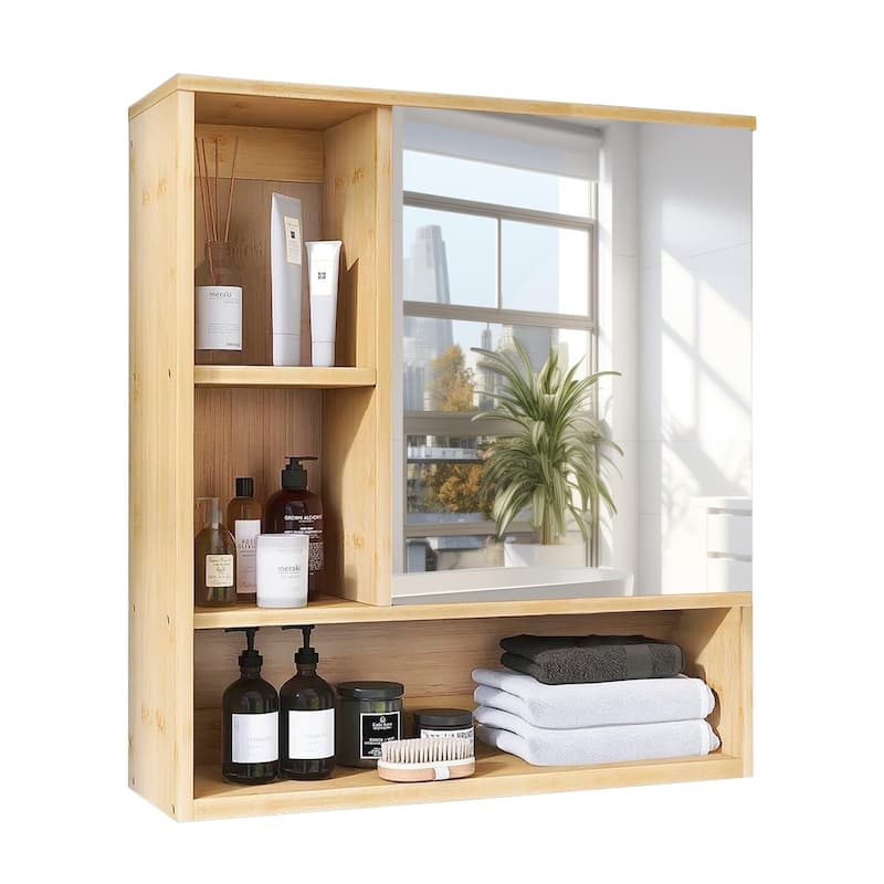 Wall Mounted Bamboo Bathroom Mirror Cabinet Storage Shelves with Door Right Open