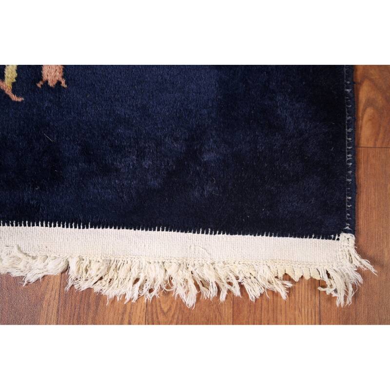 Navy Blue Floral Art Deco Chinese Accent Rug Hand-Knotted Wool Carpet - 2'0"x 3'11"