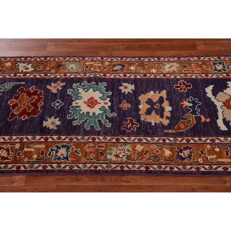Hand Knotted Oriental 100% Wool Carpet Transitional Floral Purples Oushak Runner Rug - 9' 11'' X 2' 8''