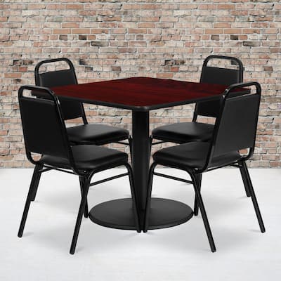 36'' Square Table Set with Round Base and 4 Trapezoidal Back Banquet Chairs