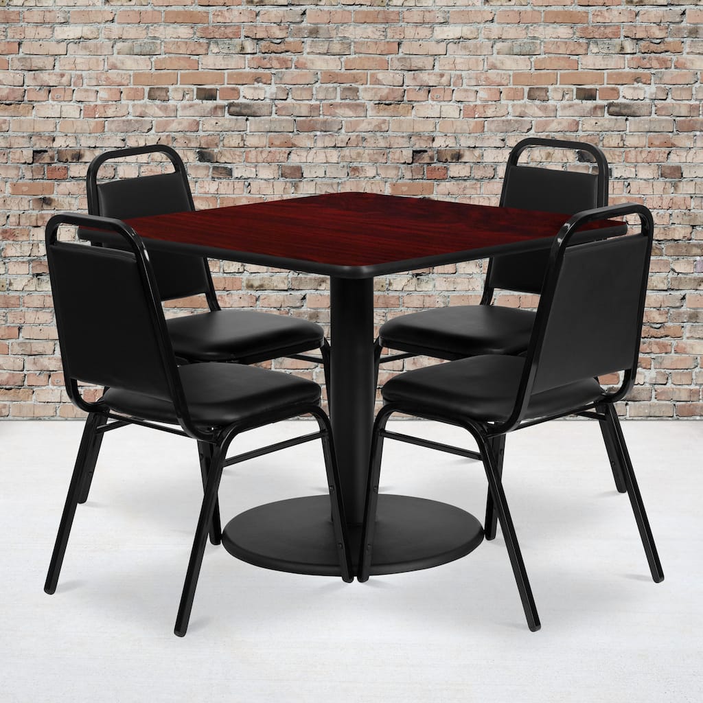 36'' Square Table Set with Round Base and 4 Trapezoidal Back Banquet Chairs