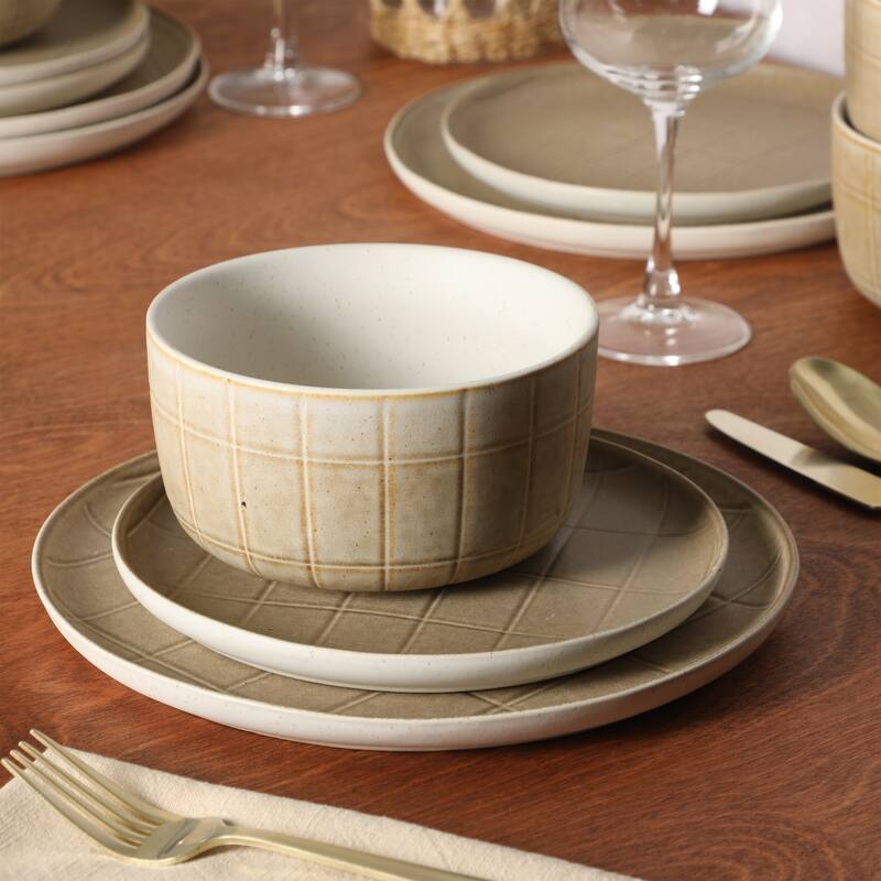 Gisbon Elite Butterwick 12 Piece Plates and Bowls Stoneware Dinnerware Set - Reactive Glaze Patterned Dishes