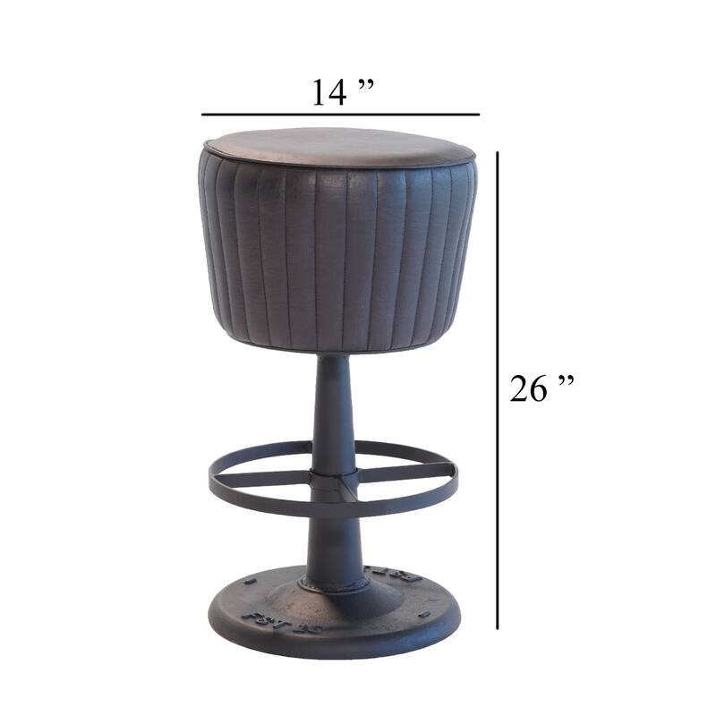 Myra Mushroom Counter Stool, Black Ribbed Leather, Dark Gray Iron Base