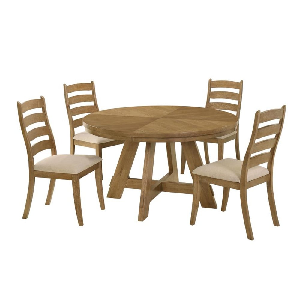 5 Piece Round Wooden Dining Set with Tapered Legs in Brown Oak and Beige