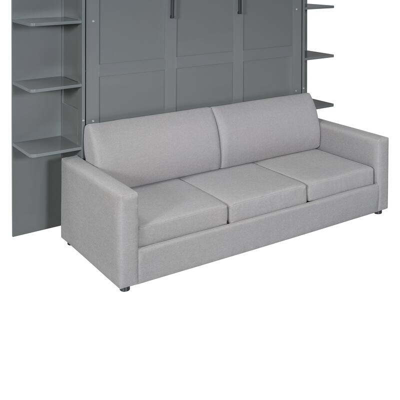 Queen Murphy Wall Bed with Built-In Sofa, Fold-Away Design, and Storage Cabinet for Space-Saving Living Spaces