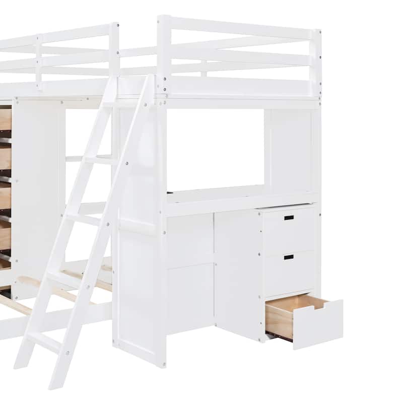 White Twin Over Twin Bunk Bed with LED Light and USB Ports, Storage Drawers, Shelves, and Desk
