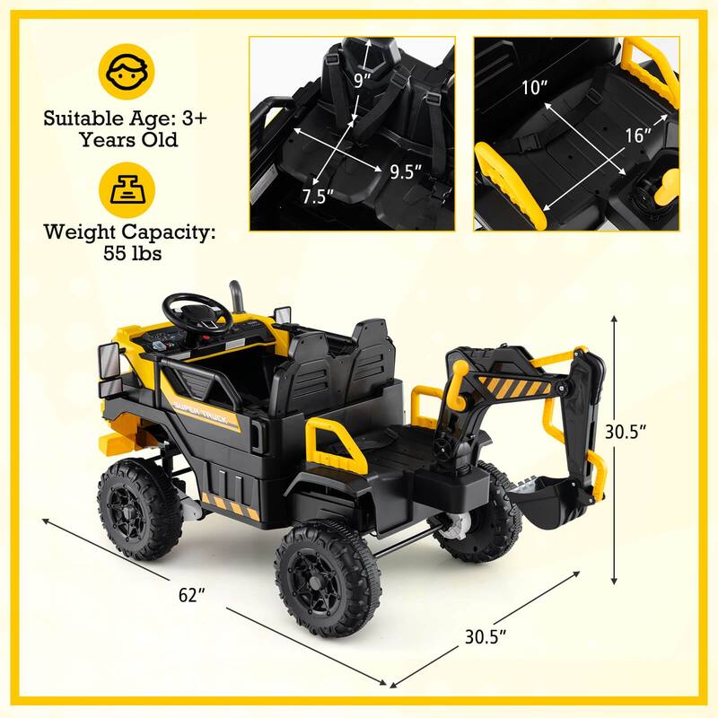 Costway 24V Ride On Excavator, 4WD Electric Truck Construction Vehicle - as pic shows - See Details