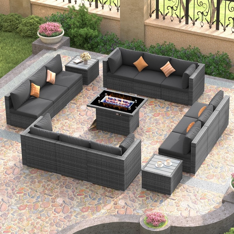 FINCATI Outdoor Furniture Wicker Sectional Patio Conversation Sofa Set with 43″ Fire Pit Table