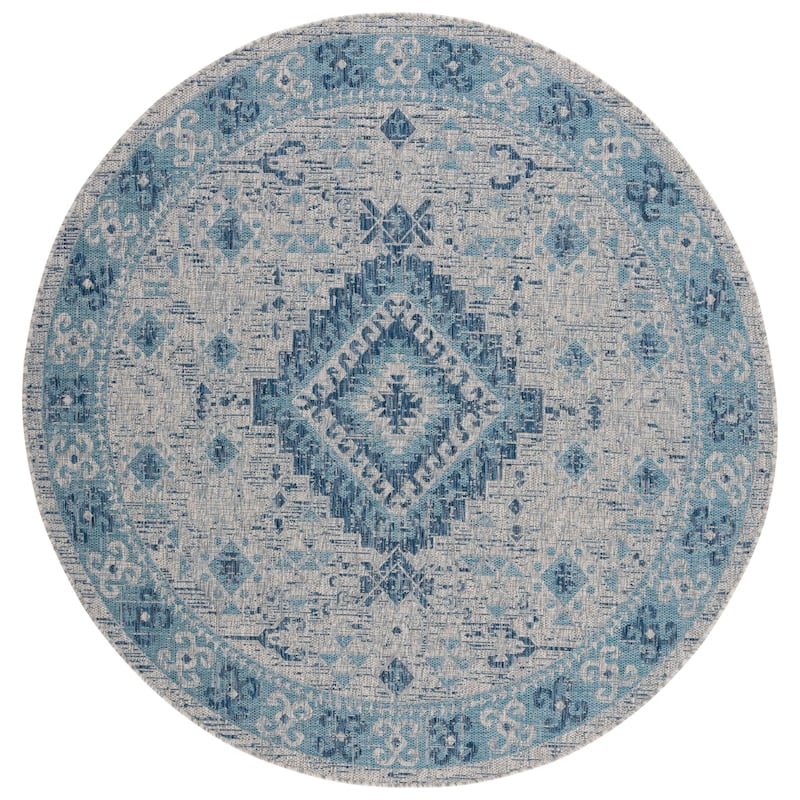 SAFAVIEH Courtyard Adrielle Outdoor Waterproof Patio Backyard Rug - 6'7" Round - Light Grey/Blue