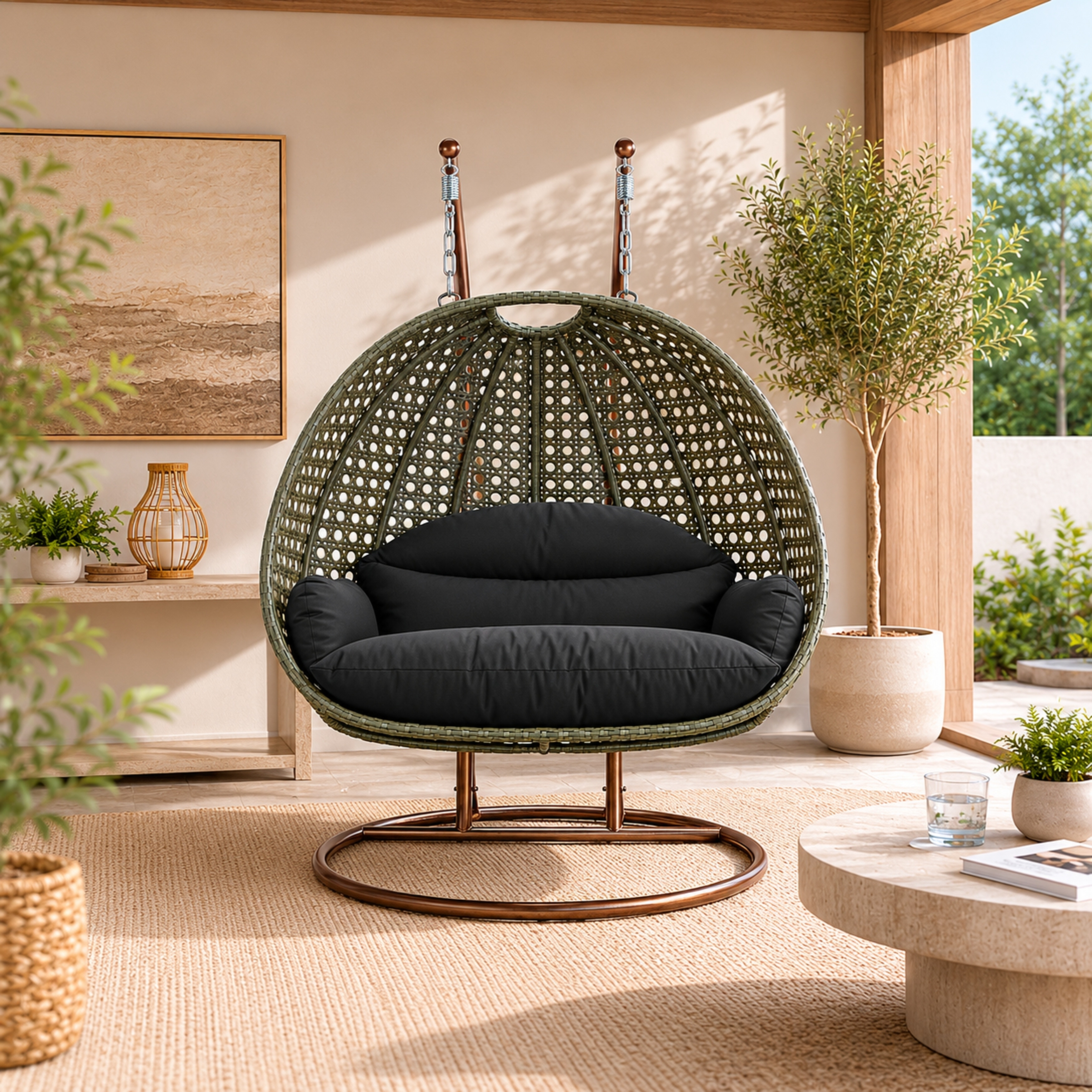 LeisureMod 2-Person Hanging Egg Swing Chair - Beige Wicker Patio Hammock with Oxford Fabric Cover & Cushions - Double Lounger