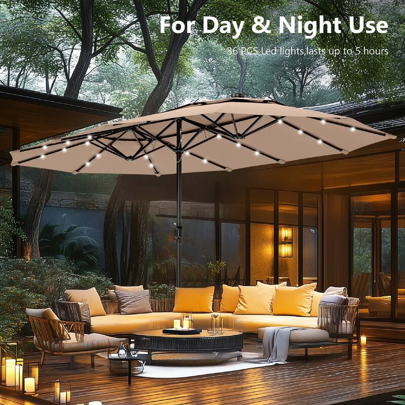 MAISON ARTS 15ft 2-Tier Large Patio Umbrella with Solar Lights, Double-Sided Outdoor Market Umbrellas with Base Included