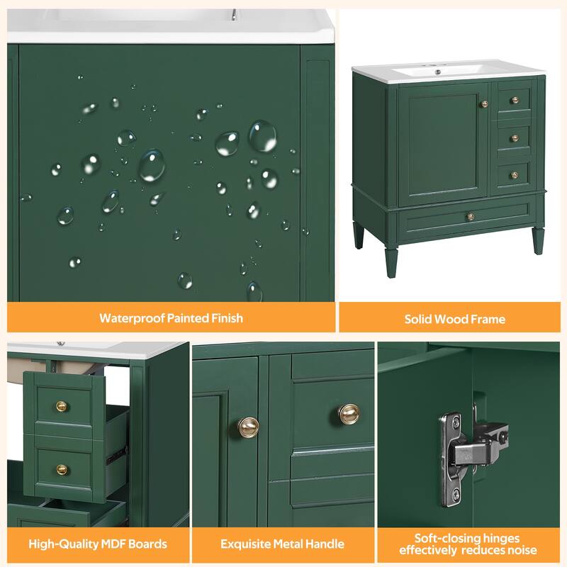 30 Inch Bathroom Vanity with Sink, Modern Freestanding Cabinet with 3 Drawers, Solid Wood Frame & Ceramic Top