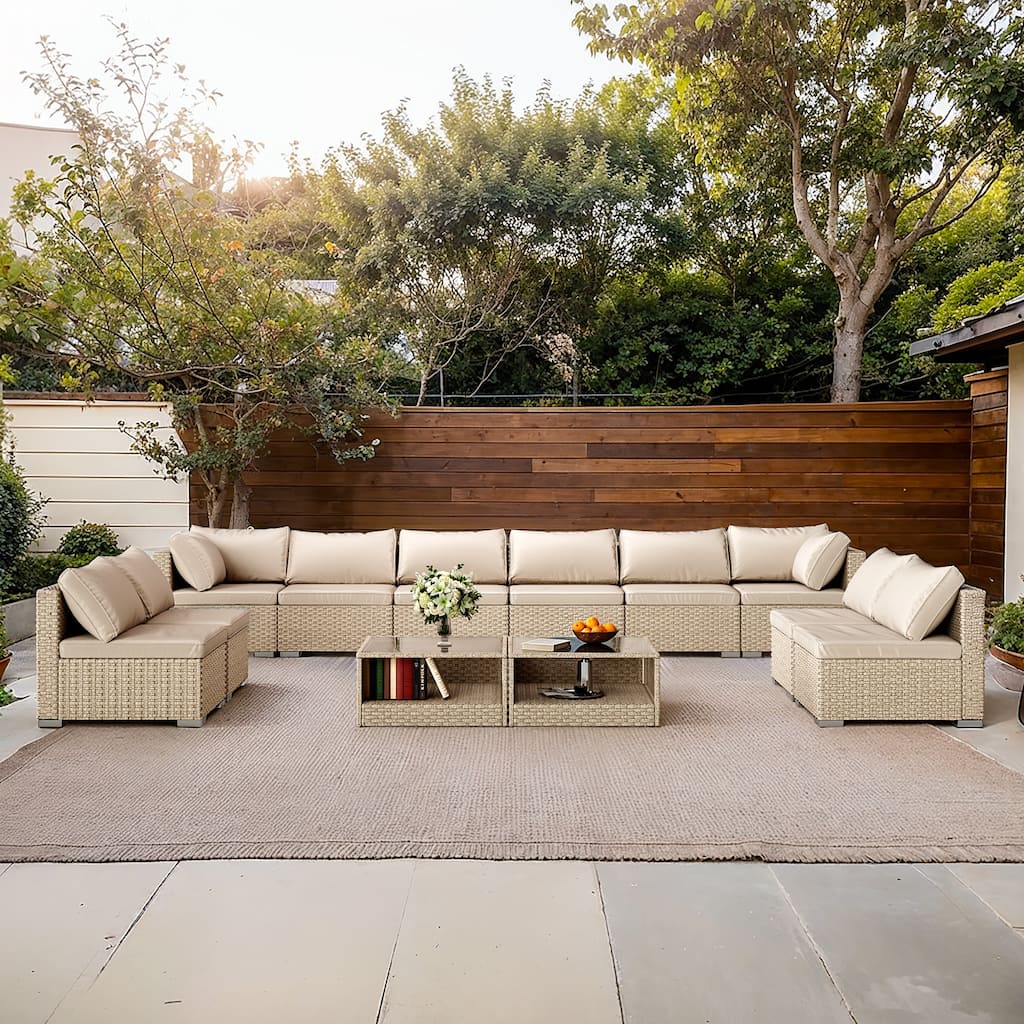 12PC Modular Outdoor Sofa Set Khaki Wicker Sectional with Coffee Table Waterproof Cushions