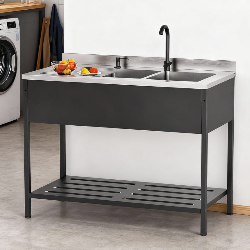 47.5 In.Heavy-Duty Freestanding Stainless Steel Double Bowl Utility Sink With Faucet