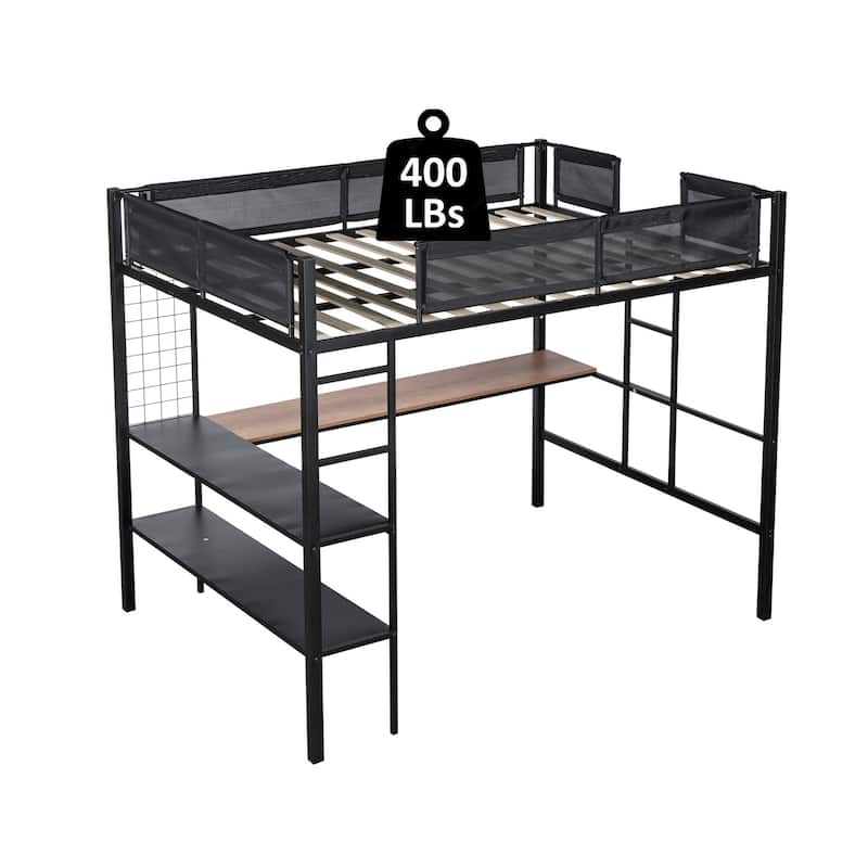 Black Full Size Metal Stell Loft Bed with Desk, Shelves, Noise-free Wood Slats and Comfortable Textilene Guardrail