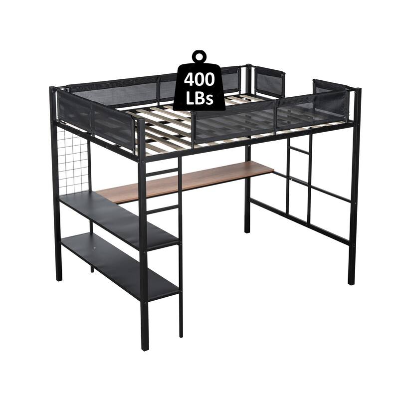 Metal Full Size Loft Bed with Desk and Shelves, Heavy Duty Steel Loftbed Frame with Textilene Guardrail, Wood Slat Support