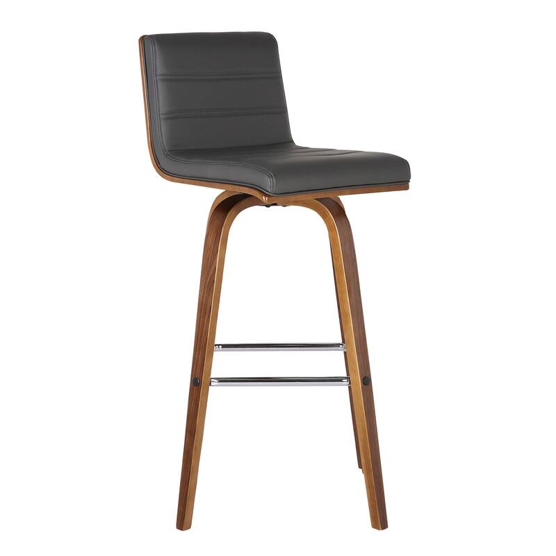 30 Inch Swivel Bar Stool with Walnut Finish Frame, Grey Faux Leather Cushioned Seat, Elegant Counter Height Chair