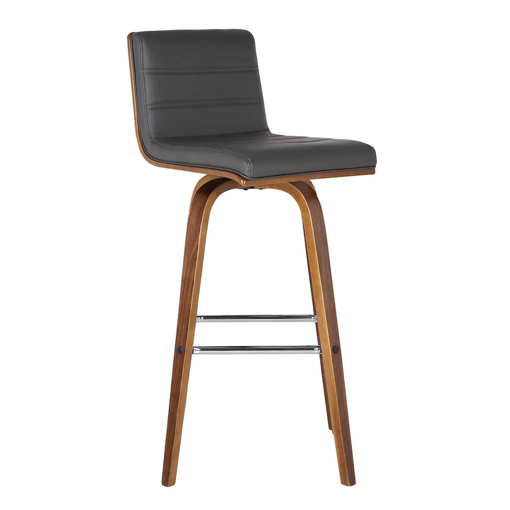30 Inch Swivel Bar Stool with Walnut Finish Frame, Grey Faux Leather Cushioned Seat, Elegant Counter Height Chair