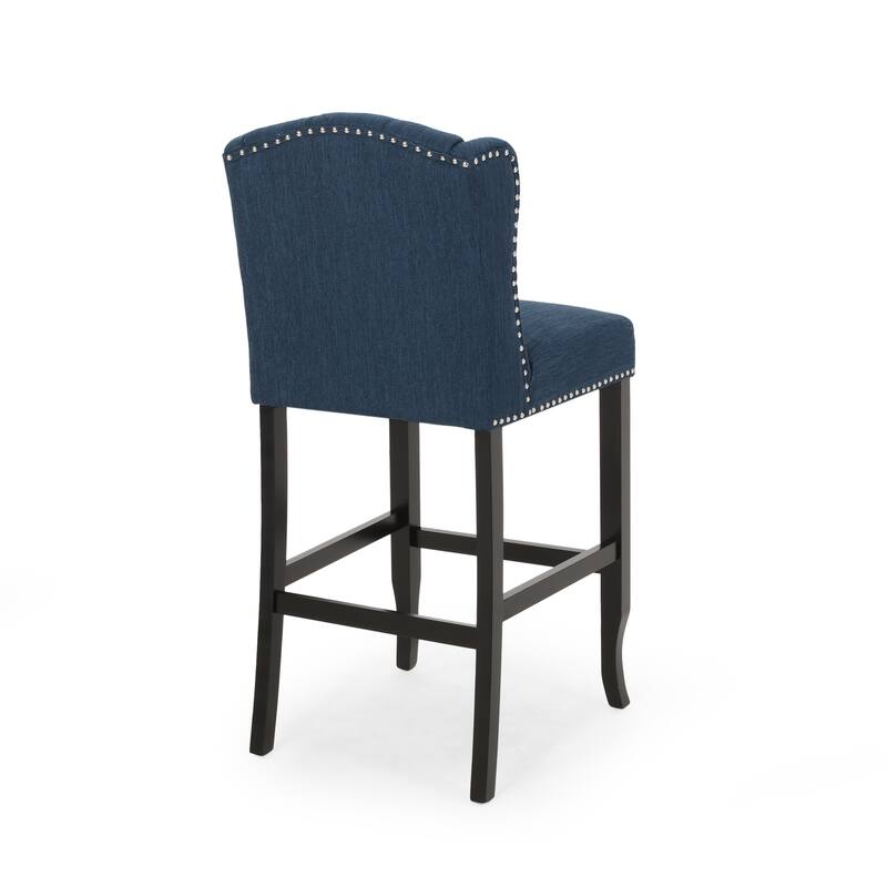 Modern Set of 2 Bar Stools with Button-Tufted Upholstered Backrest, Nailhead Trim, Solid Wood Legs for Bar Counter Dining Room