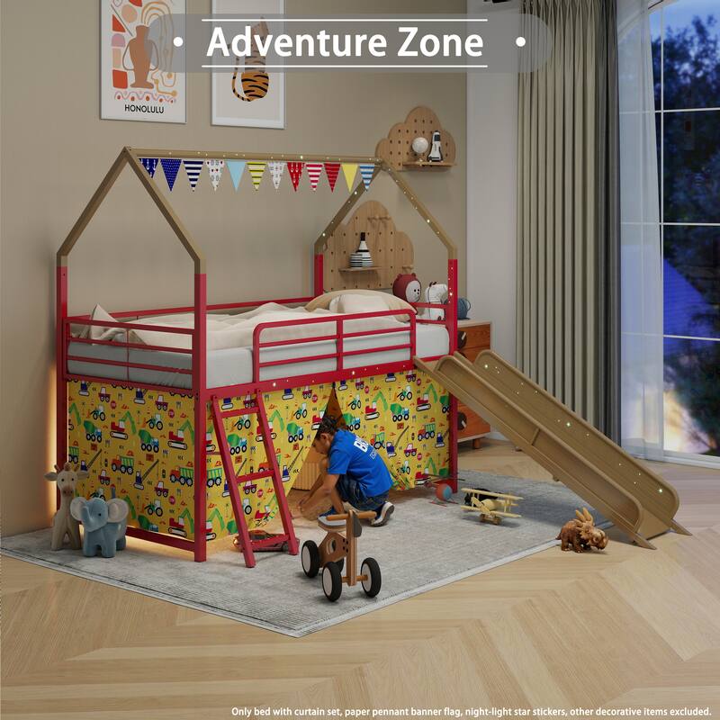 Metal Junior House Twin Loft Bed with Slide and Curtain Set and Pennant Banner Flag and Star Stickers