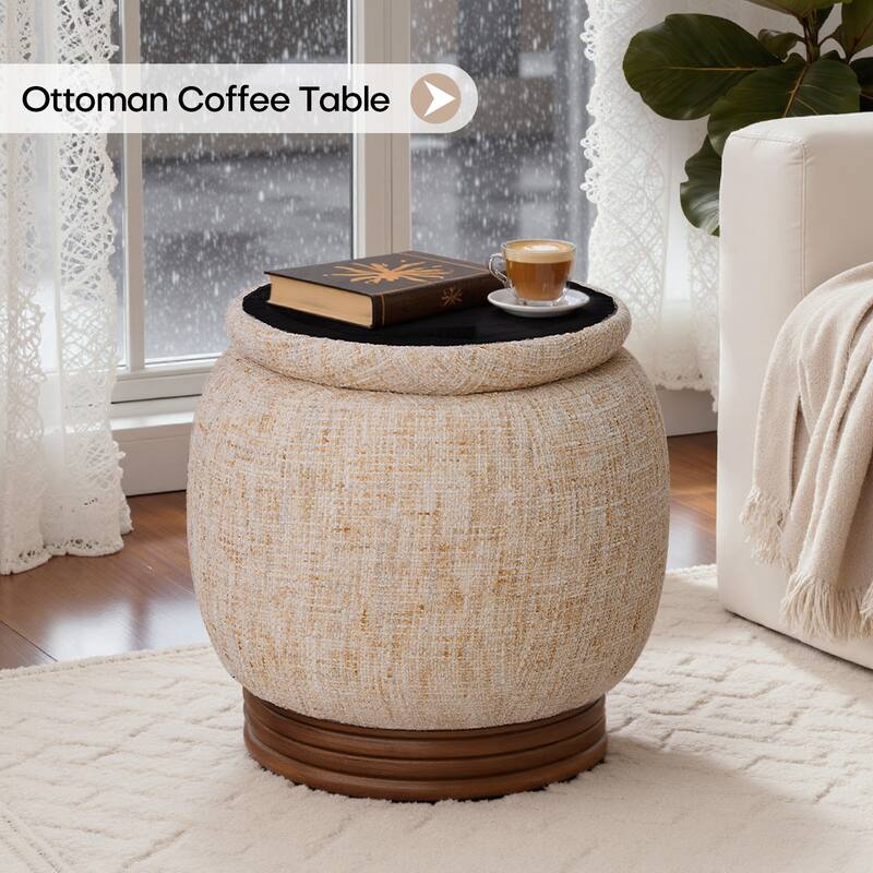 Fully Assembled Round Storage Pouf Ottoman Footstool with Flip-top and Acacia Solid Wood Frame