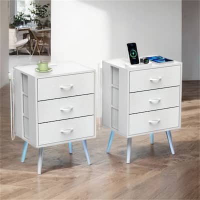 2 Pack Modern LED Nightstand with Charging Station and Fabric Drawers