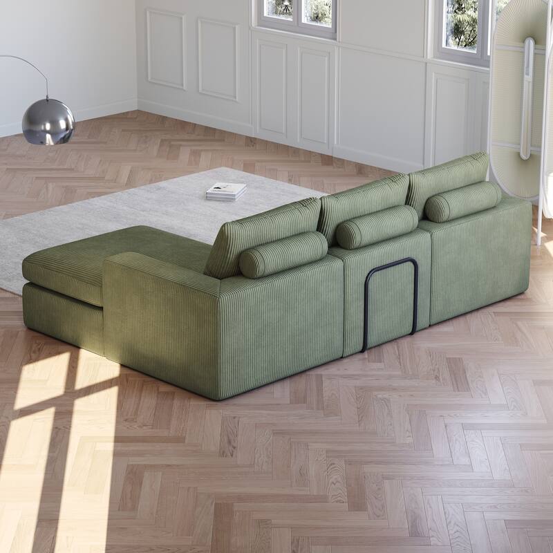 L-Shaped Sectional Sofa with Chaise Lounge, Corduroy Upholstered Boneless Couch, Module Corner Sofa with 3 Pillows