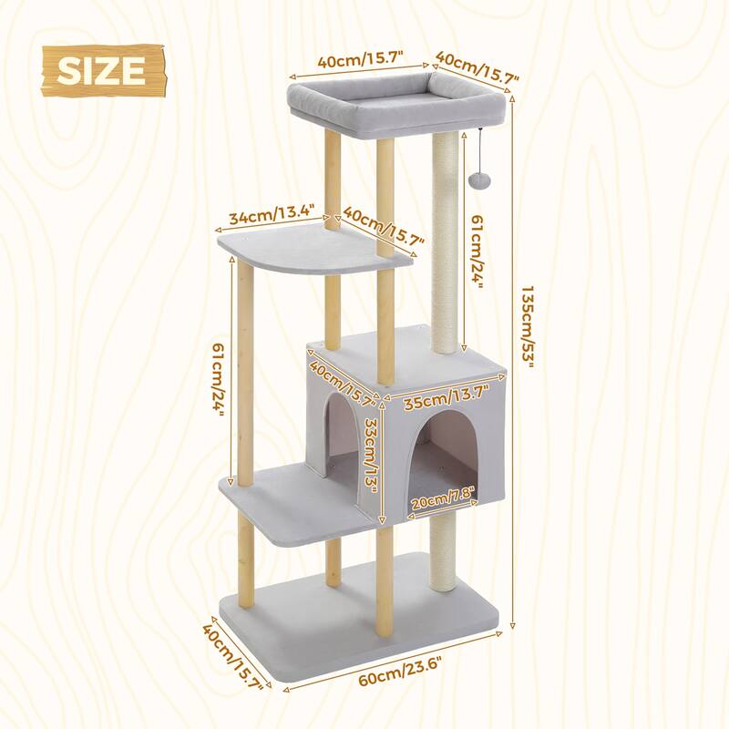 53" Modern Wooden Cat Tower for Indoor Large Cats, Multi-Level Cat Condos with Long Scratching Posts and Scraping Columns