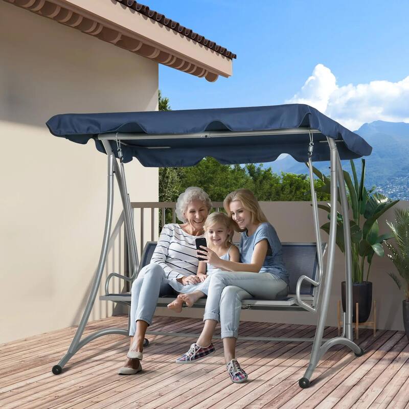 3-Seat Porch Swing, Adjustable Canopy, Breathable Seat, Steel Frame - Blue