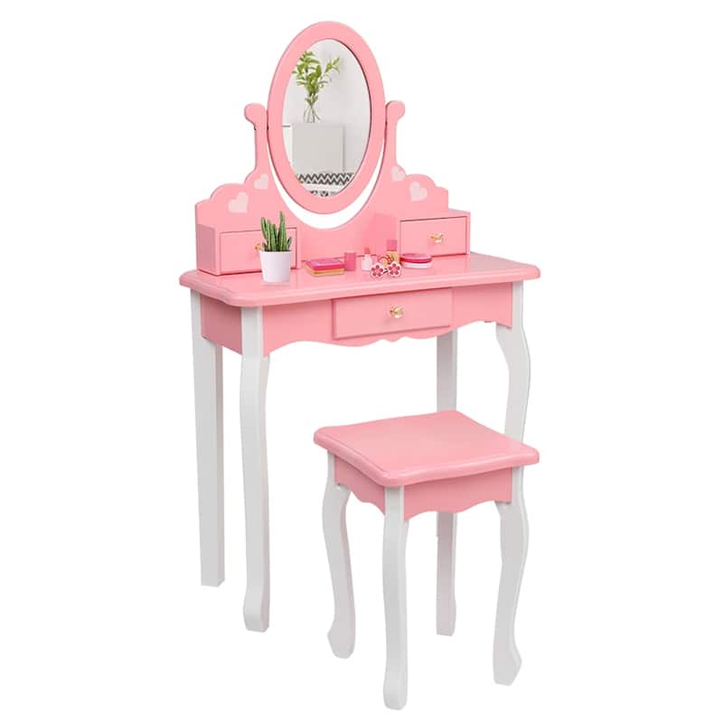 Kids Vanity Table and Stool Set Wooden Dressing Table Reversible Round Mirror